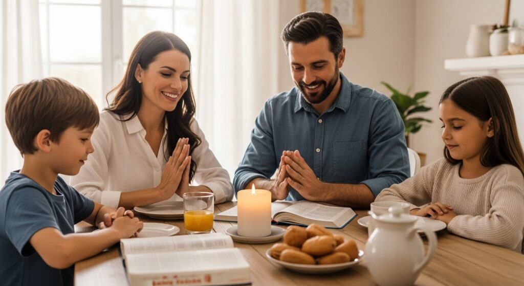 5 Creative Ways to Help Kids Look Forward to Sunday Mass. A family of four, including a mother, father, son, and daughter, are seated at a dining table with a lit candle and an open book. They are all praying with their hands together, eyes closed, and smiling.