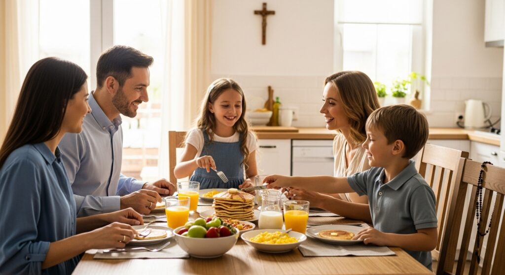 A family enjoying a Sunday breakfast together. A mother, father, son, and daughter are smiling and laughing as they eat pancakes, bacon, and fruit.