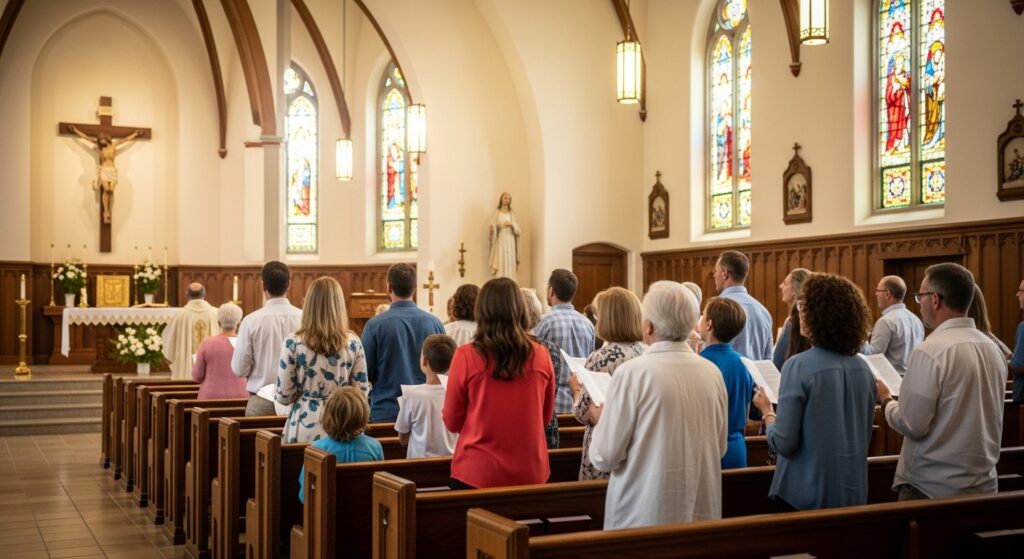 A diverse group of people from behind are standing in a church during a service. They are facing a crucifix at the altar.
