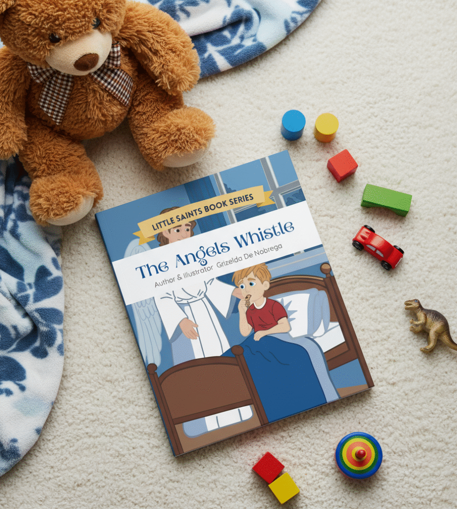 The children's book The Angels Whistle from the Little Saints Book Series is displayed on a rug next to a teddy bear, wooden blocks, and other toys.