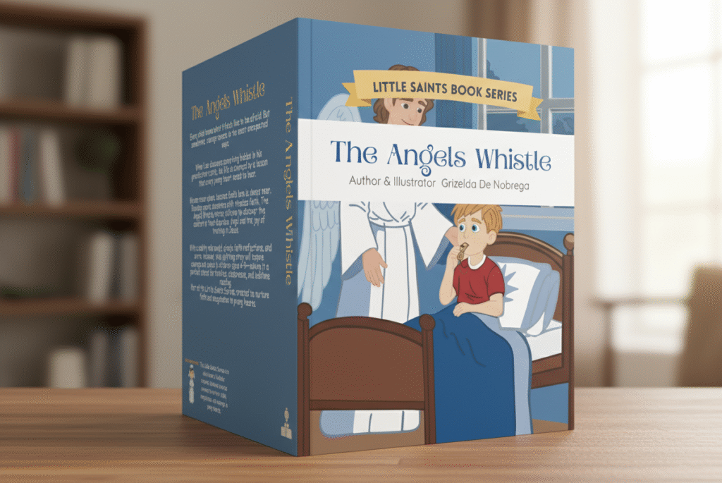A 3D rendered book cover for The Angels Whistle, part of the Little Saints Book Series, standing on a wooden surface with a blurred bookshelf in the background.