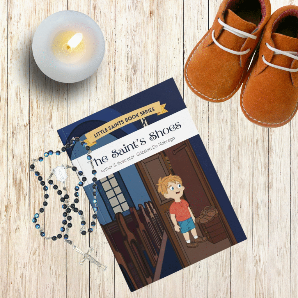 The Saint's Shoes book cover with a rosary, candle, and baby shoes on a wooden table.